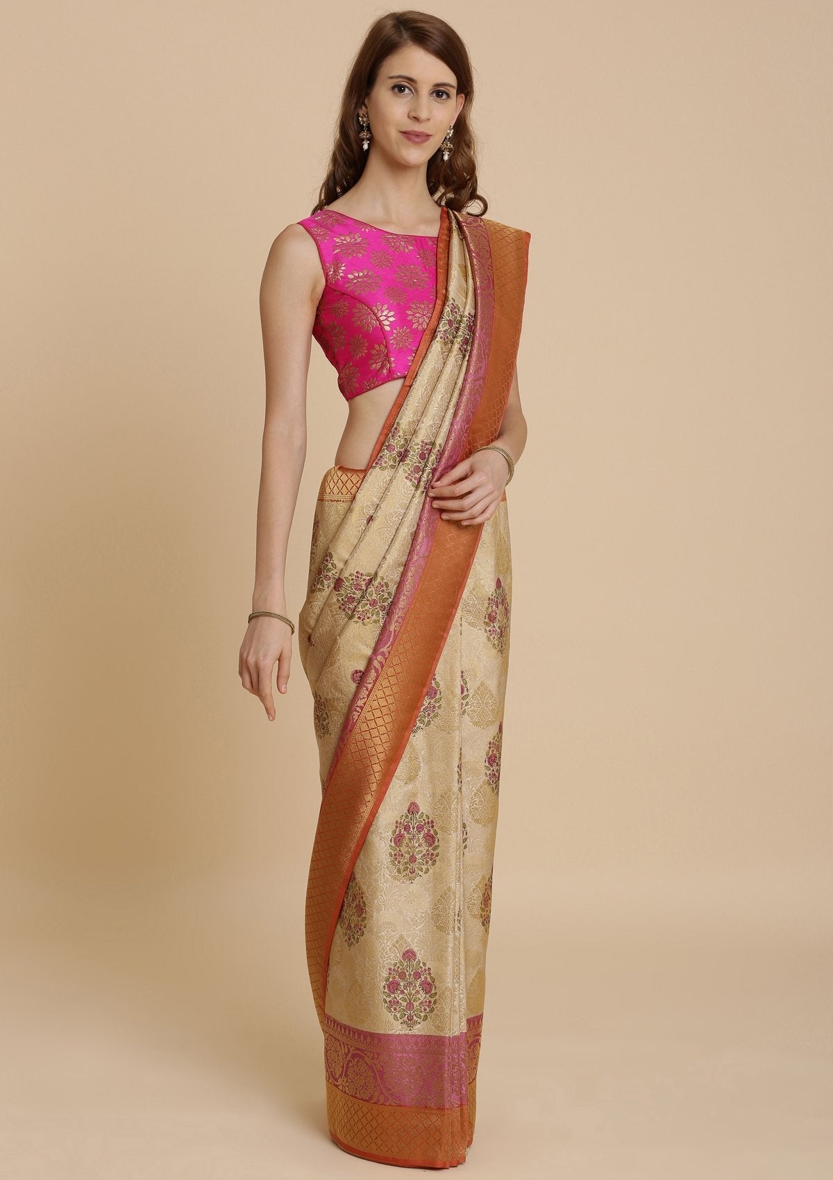 Orange and Cream Art Silk Saree