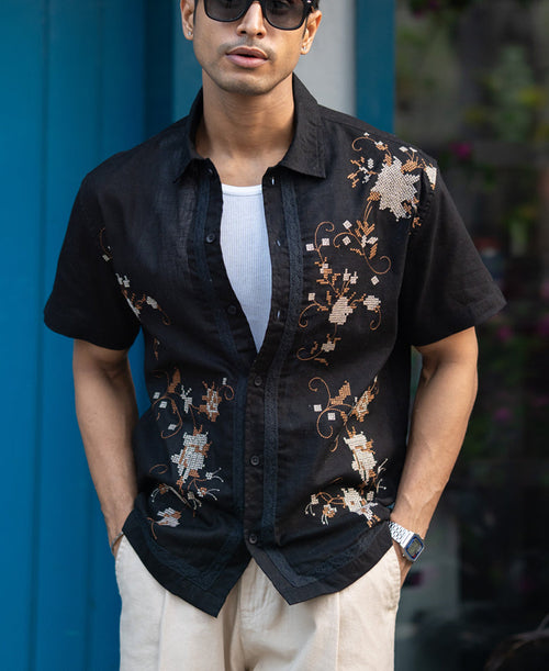 Black Embroidered Shirt 100% Cotton