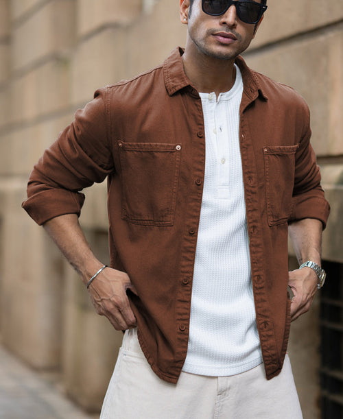 Brown Textured Overshirt 100% Cotton