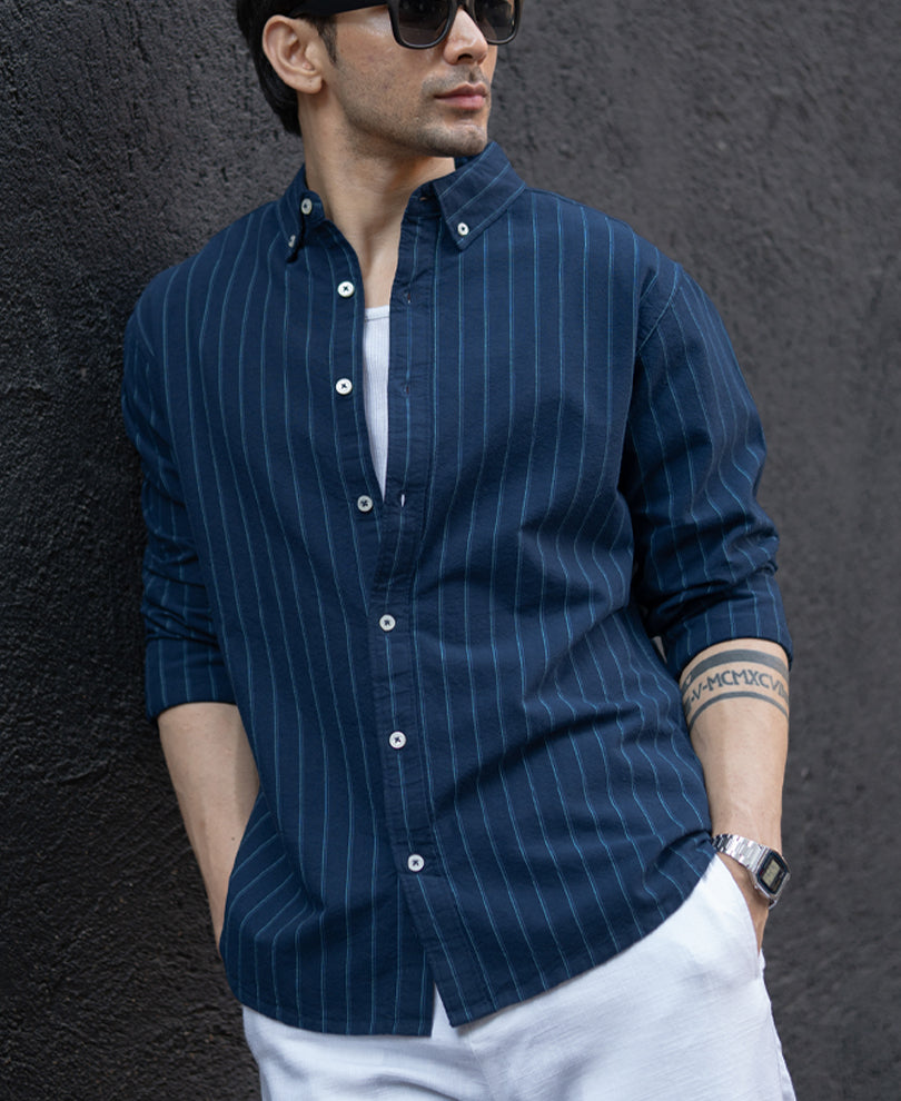 Navy Oxford Stripe Shirt 100% Cotton