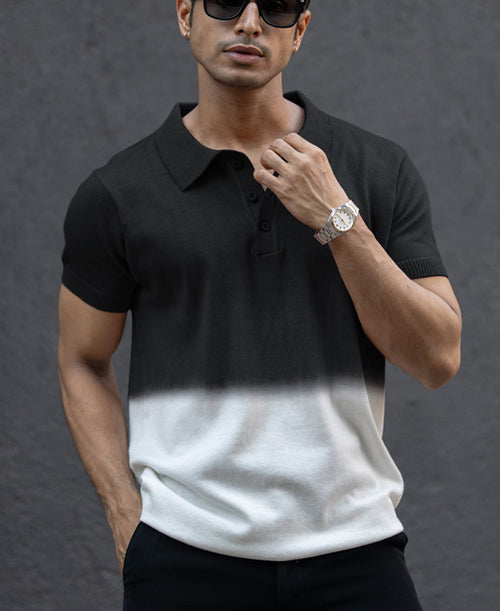 Black Ombre Knit Polo T-Shirt 100% Cotton