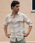 Beige Double Pocket Checks Shirt