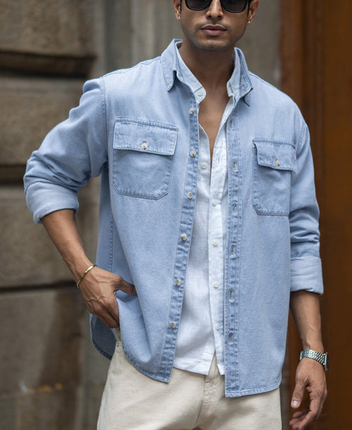 Blue Washed Denim Double Pocket Shirt 100% Cotton