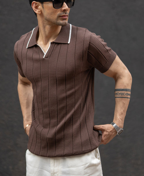 Brown Structured Knit Polo T-Shirt 100% Cotton