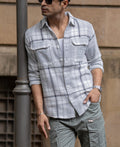 Light Grey Structured Checks Shacket Oversize Drop Shoulder Shirt