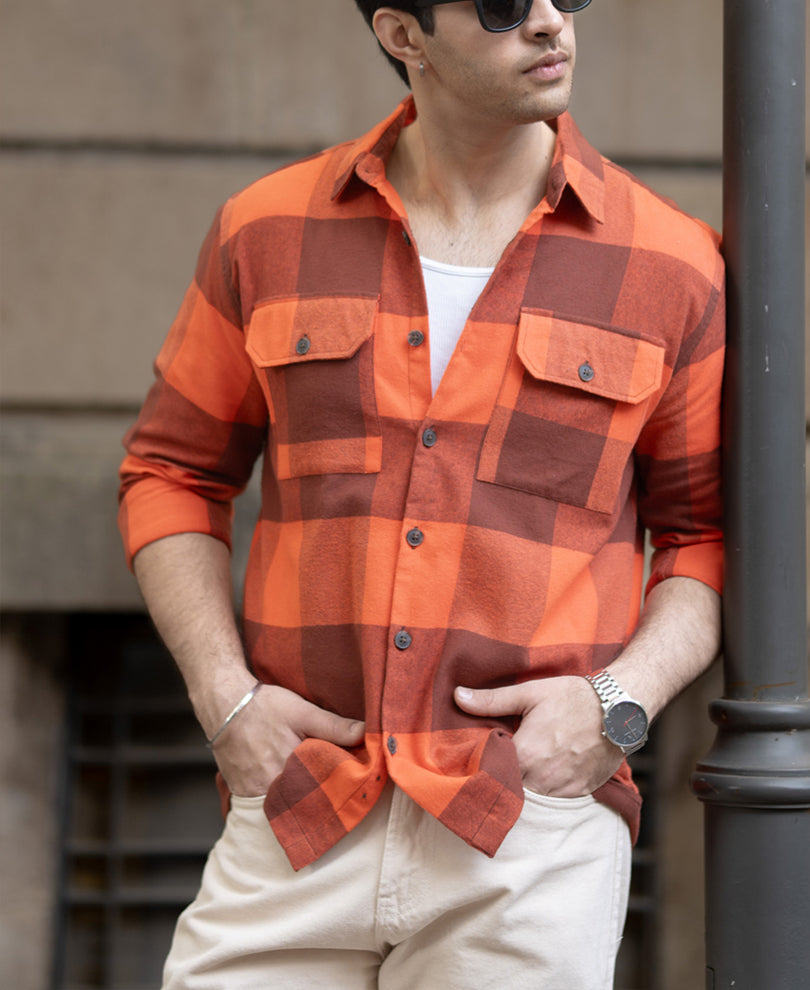 Rust Orange Checks Shirt 100% Cotton