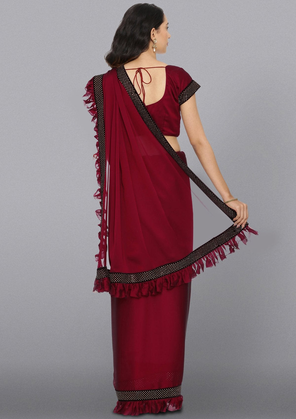 Maroon Swarovski Satin Designer Saree