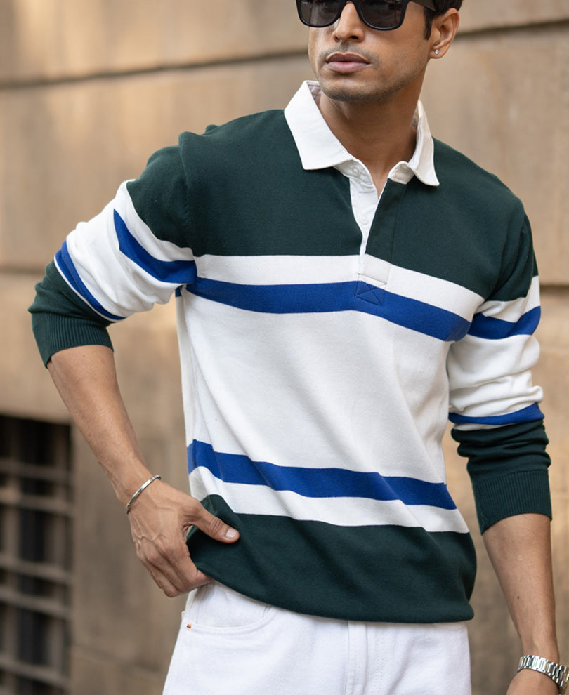 Olive And White Stripe Polo T-Shirt 100% Cotton