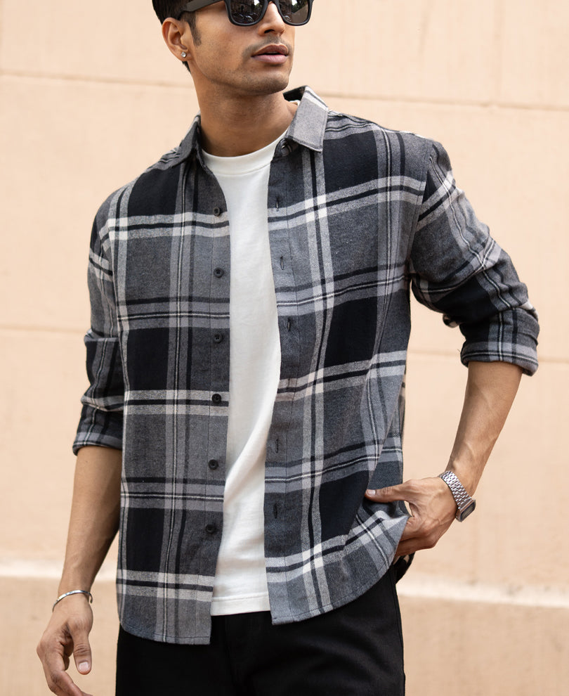 Grey & Black Macro Checks Shirt 100% Cotton