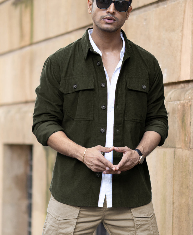Olive Corduroy Shirt With Pockets 100% Cotton