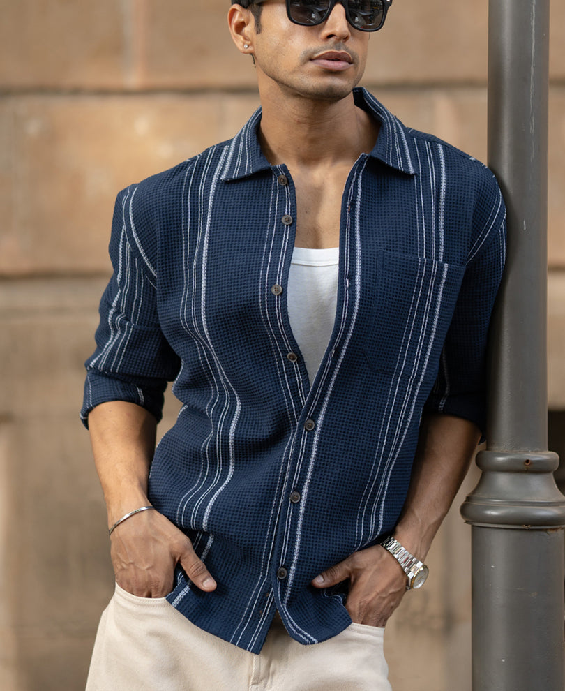 Navy Structured Striped Shirt 100% Cotton