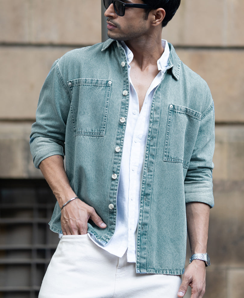 Mid Blue Washed Denim Shirt 100% Cotton