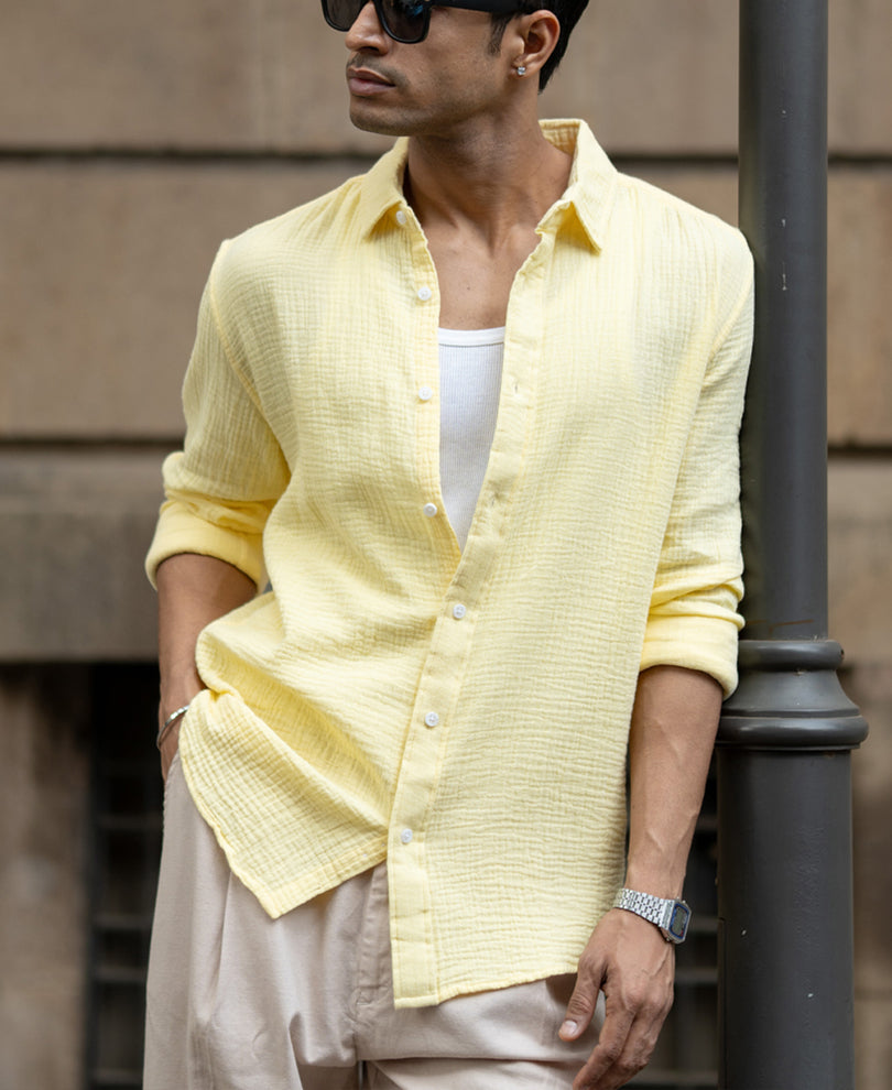 Yellow Crinkled Shirt 100% Cotton