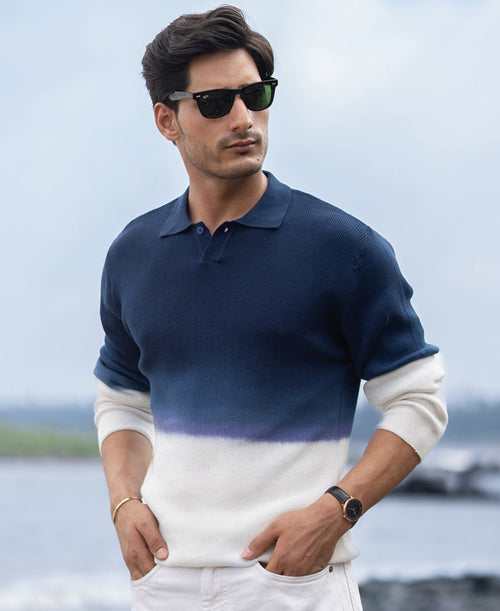 Dark Blue Knitted Ombre T-Shirt 100% Cotton