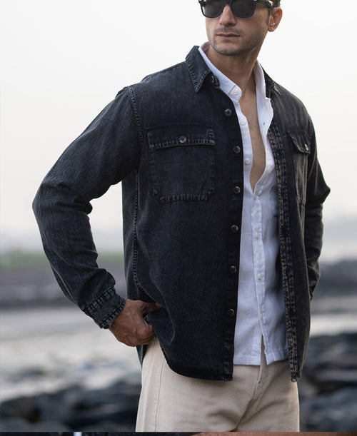 Black Charcoal Washed Denim Shirt 100% Cotton
