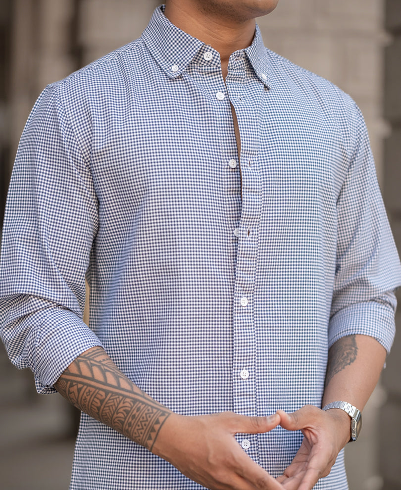 Navy Micro Check Lightweight Shirt 100% Cotton