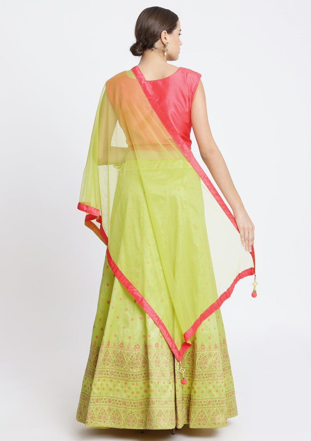 Parrot Green and Candy Pink Stonework Art Silk Readymade Lehenga
