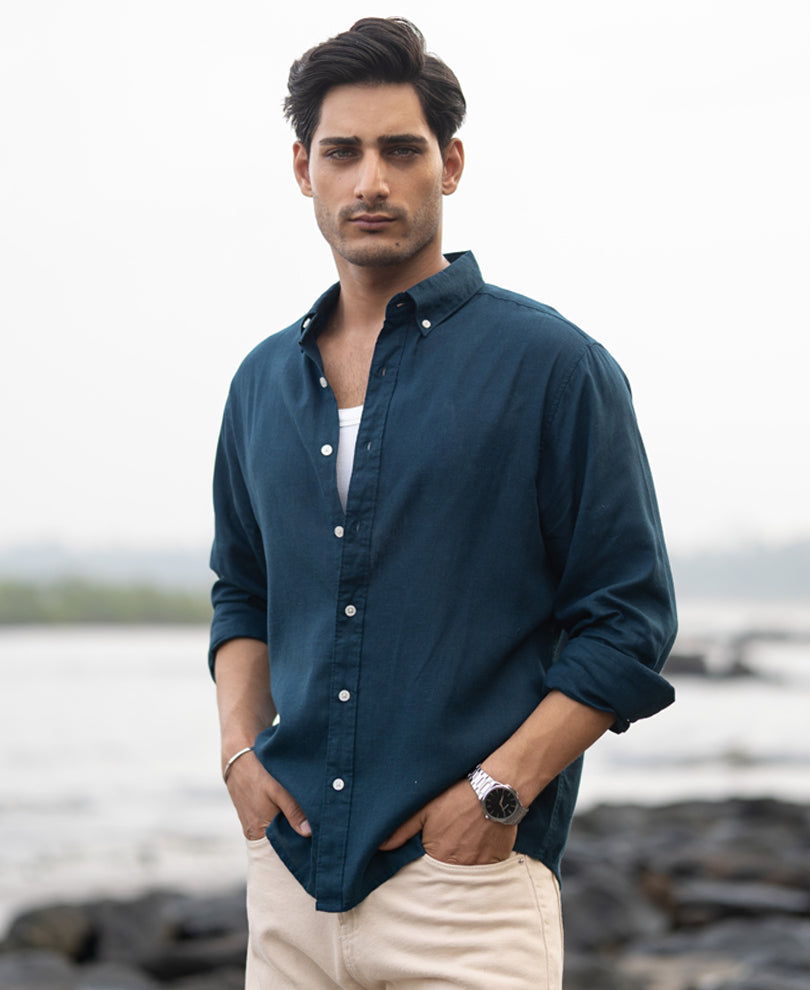 Dark Teal Linen Blend Shirt