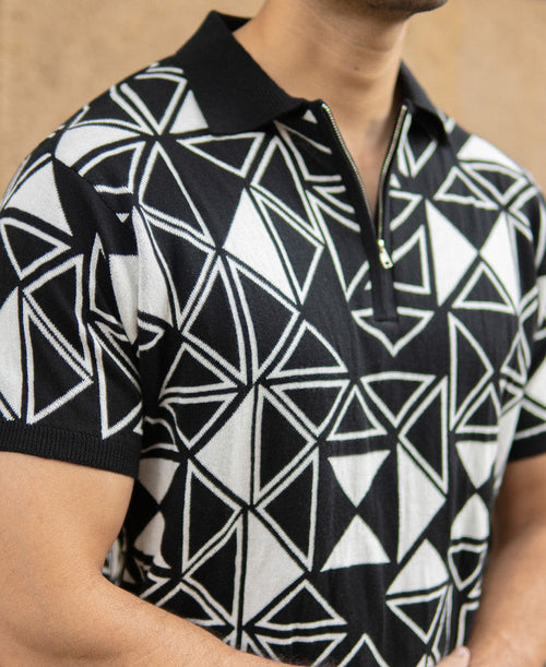 Black Geometric Knit Polo T-Shirt 100% Cotton