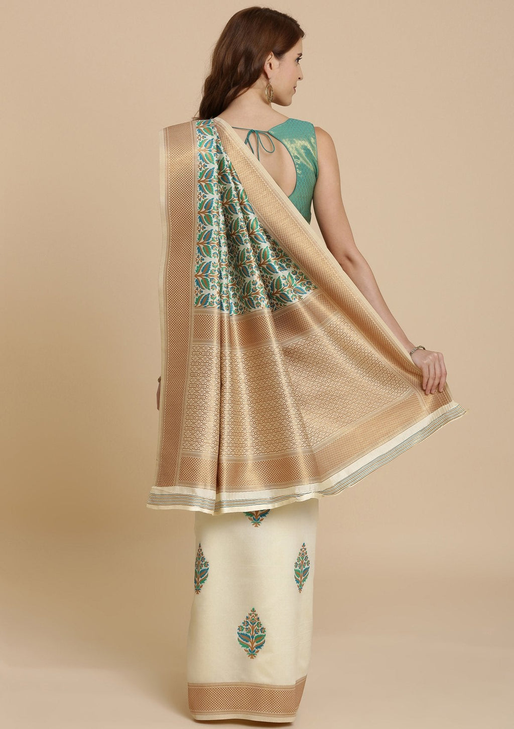 Green and Cream Thread Work Art Silk Saree