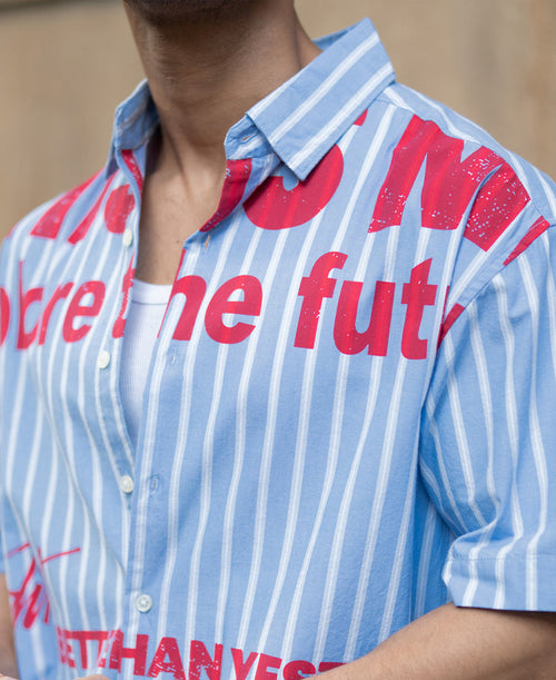 Blue Slogan Print Stripe Shirt 100% Cotton