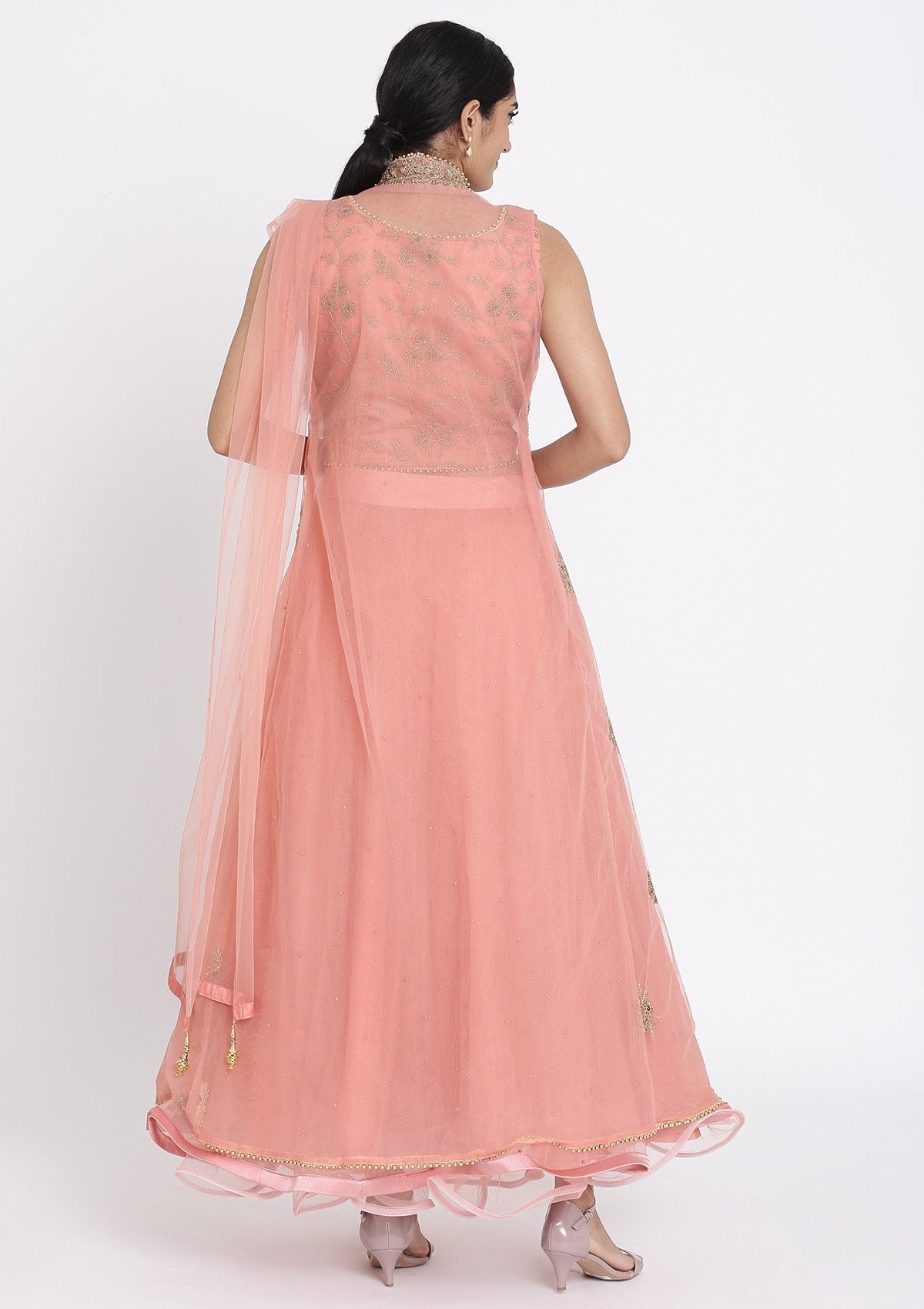 Pink Zariwork Net Readymade Lehenga