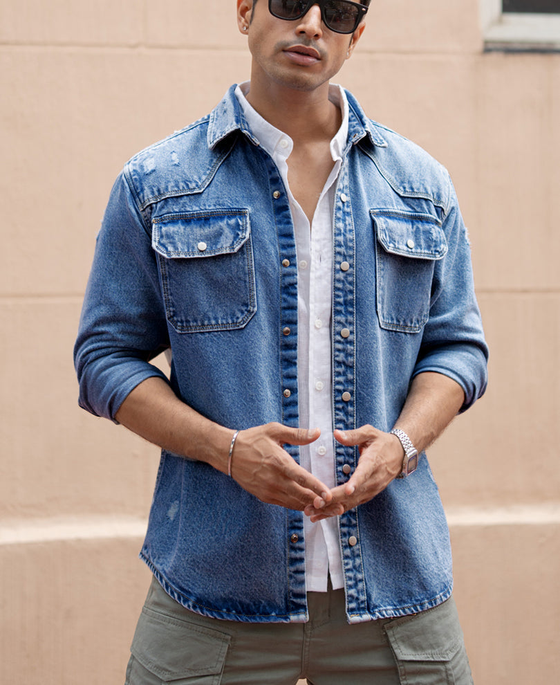 Mid Blue Distressed Denim Overshirt