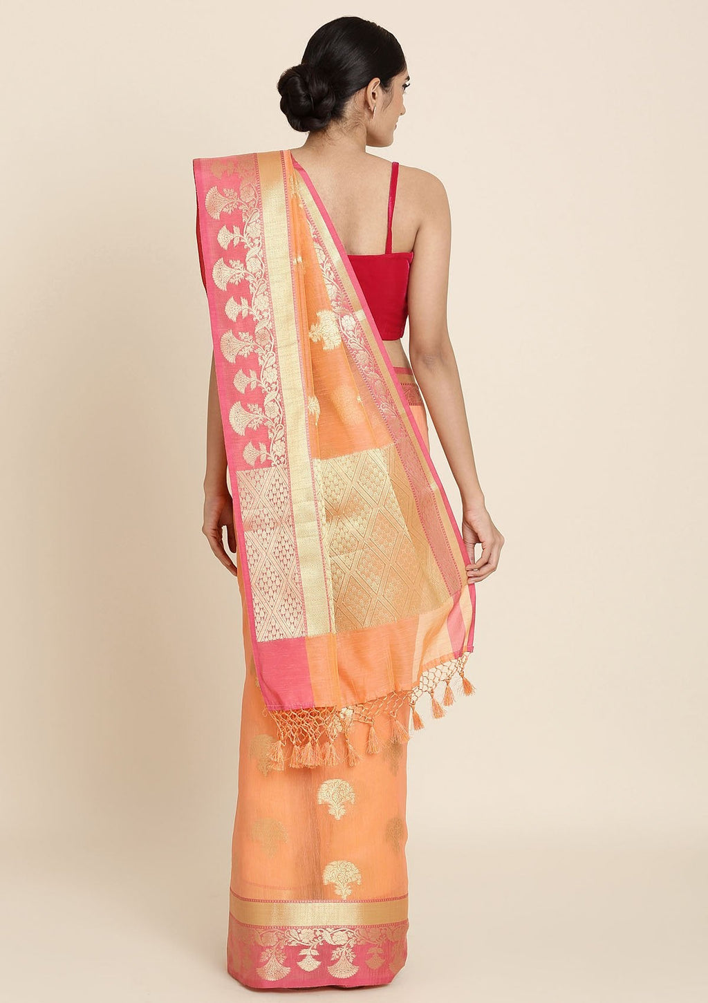 Peach And Pink Zariwork Brocade Designer Saree