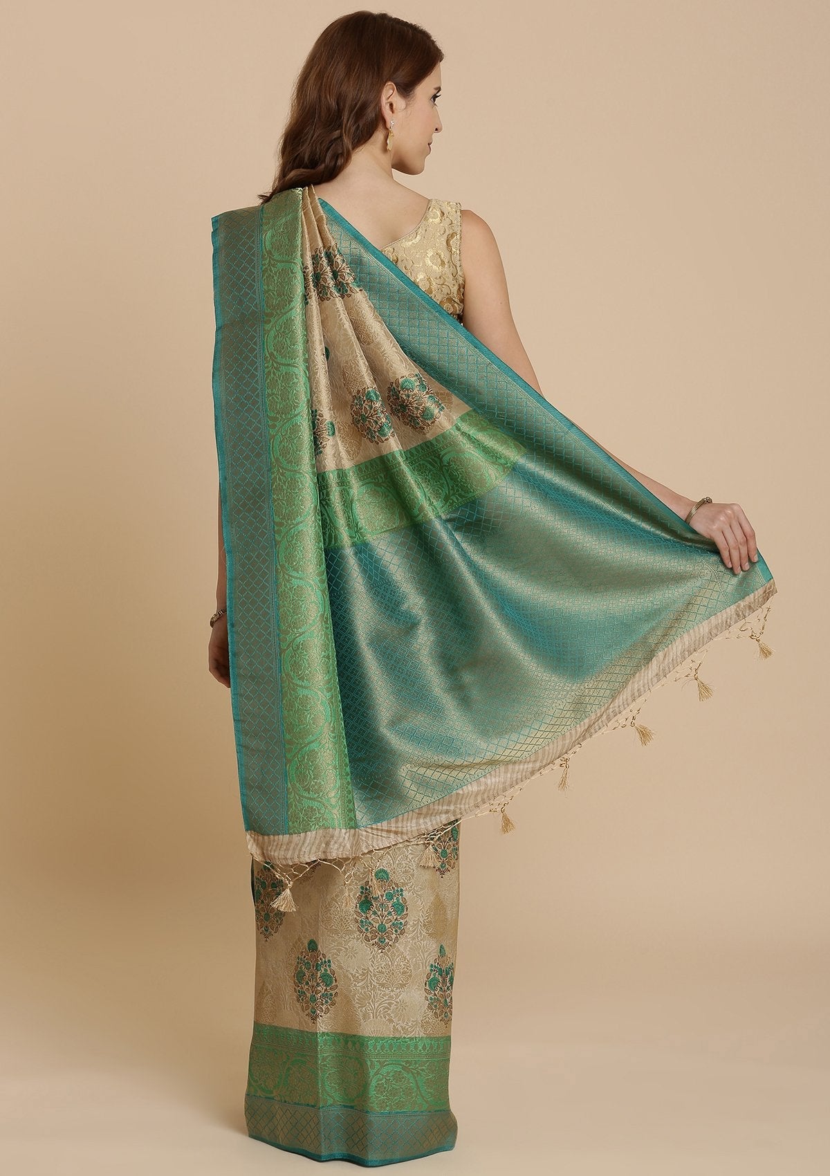 Green and Cream Art Silk Saree