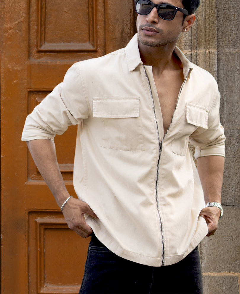 Light Beige Structured Zipper Overshirt 100% Cotton