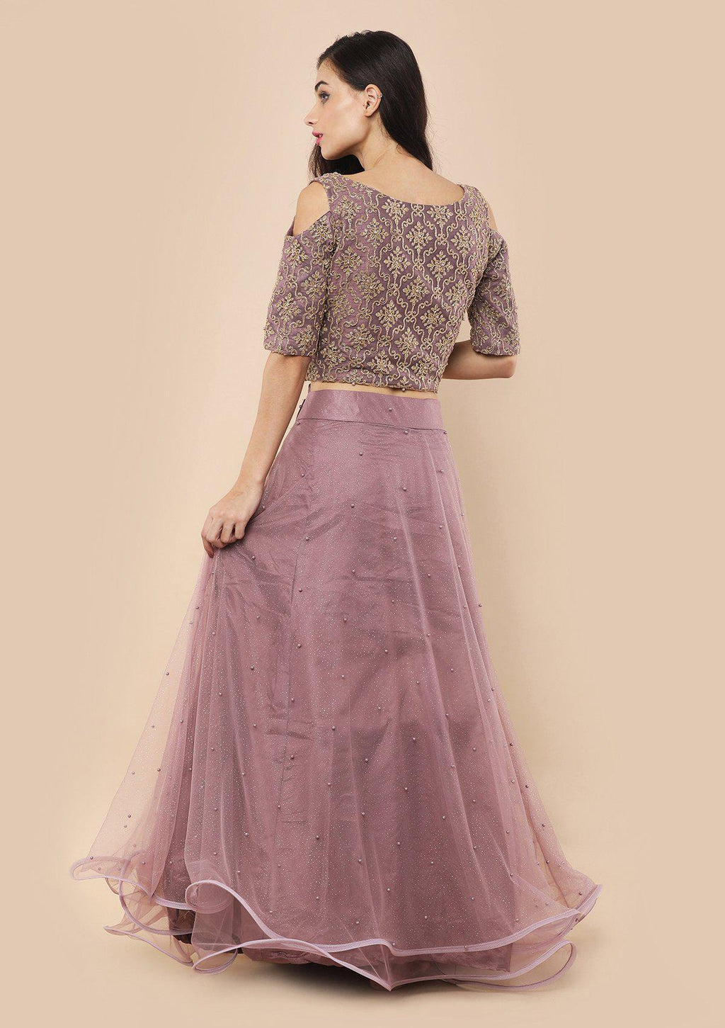Lavender Pearl Studded Silk Readymade Lehenga
