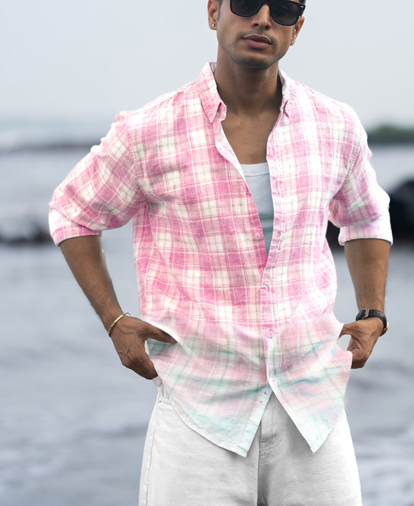 Pink Light Weight Ombre Checks Shirt 100% Cotton