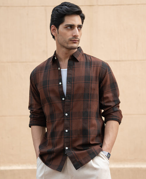 Dark Brown Structured Checked Shirt 100% Cotton