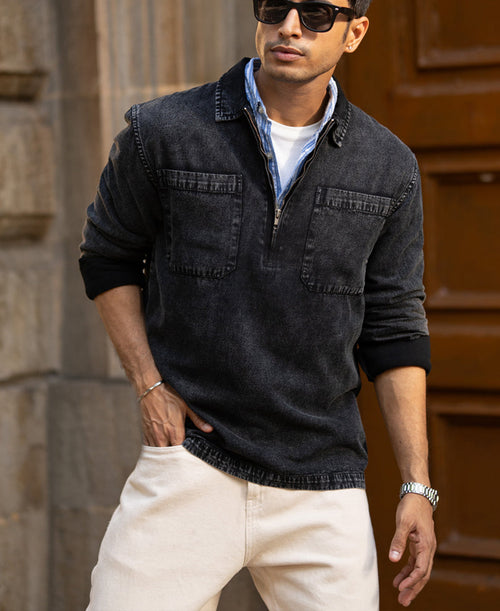 Black Washed Denim Polo Shirt 100% Cotton
