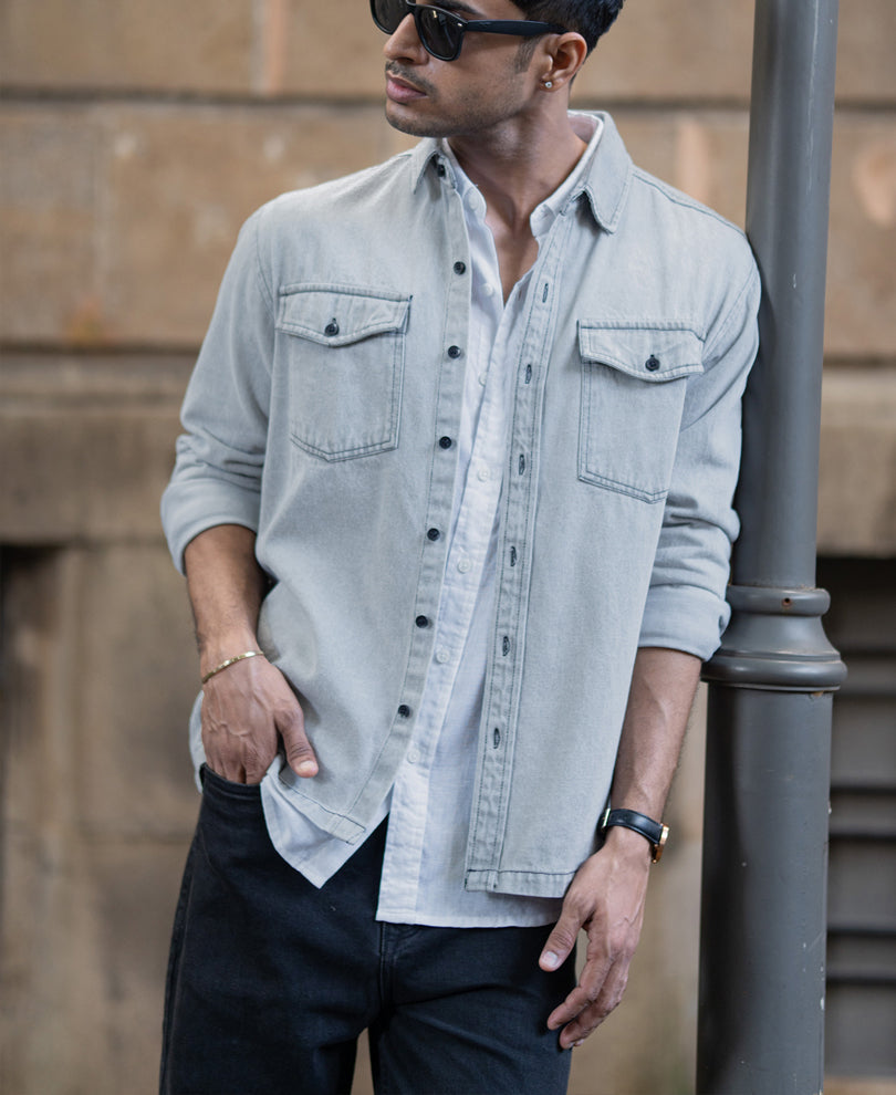 Grey Denim Shacket With Pockets 100% Cotton