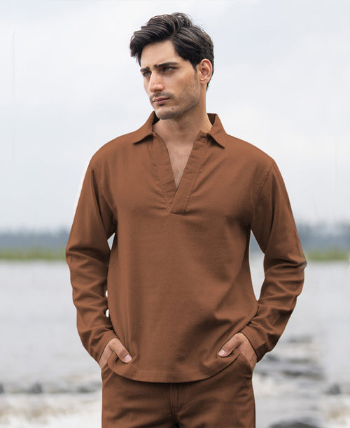 Brown Structured Cotton Kurta Shirt