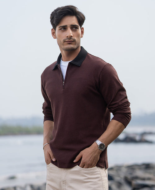 Brown Contrast Collar Structure T-Shirt