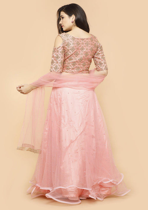 Coral Pink Pearl Silk Readymade Lehenga