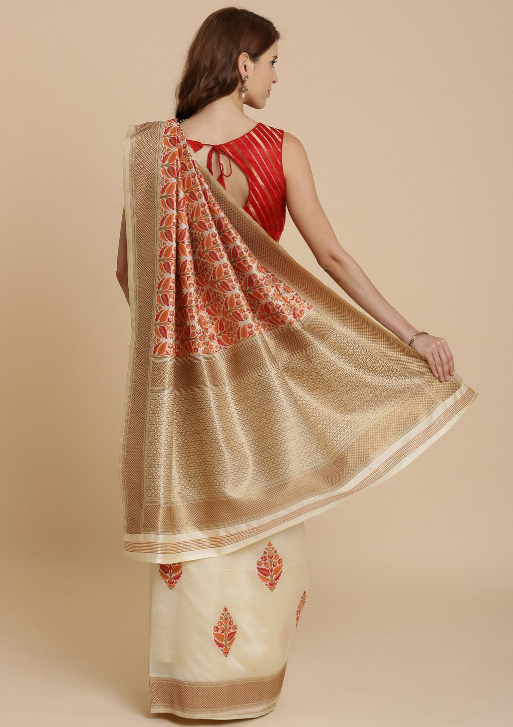 Red and Cream Thread Work Art Silk Saree