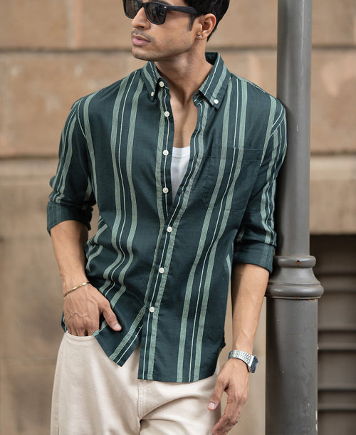 Dark Green Stripped Button Down Shirt 100% Cotton
