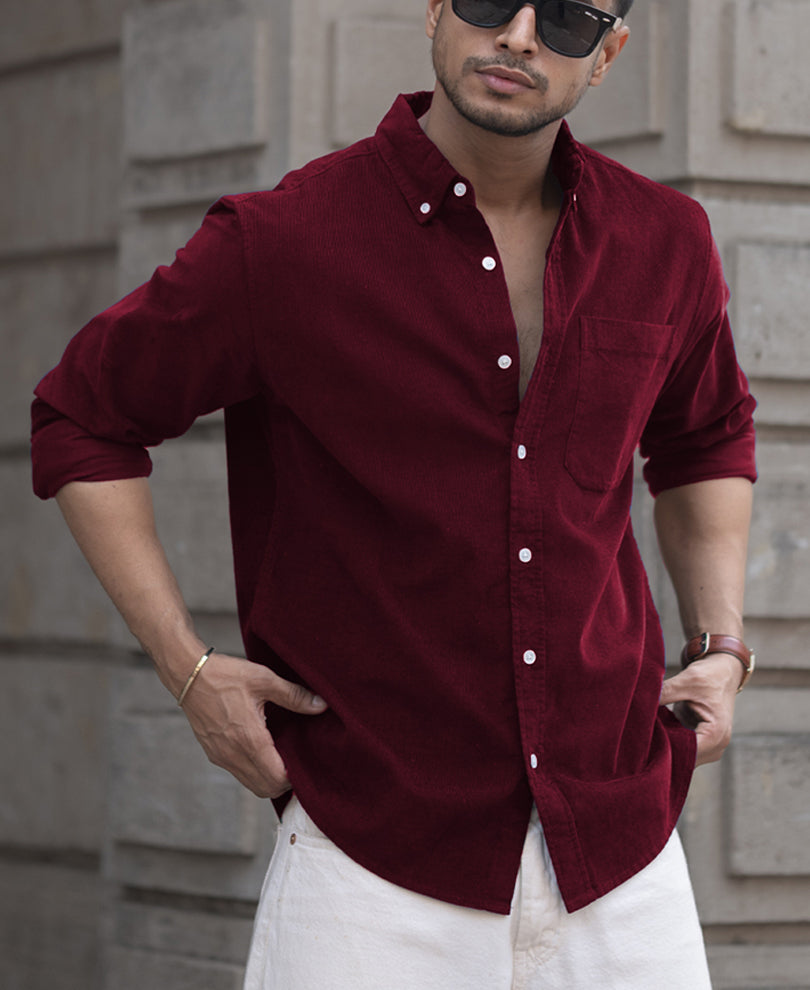 Wine Corduroy Regular Fit Full Sleeves Shirt 100% Cotton