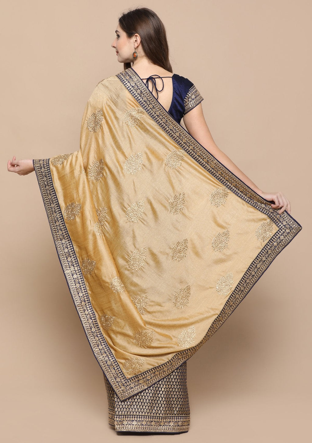 Beige and Blue Zari Work Chiffon Saree