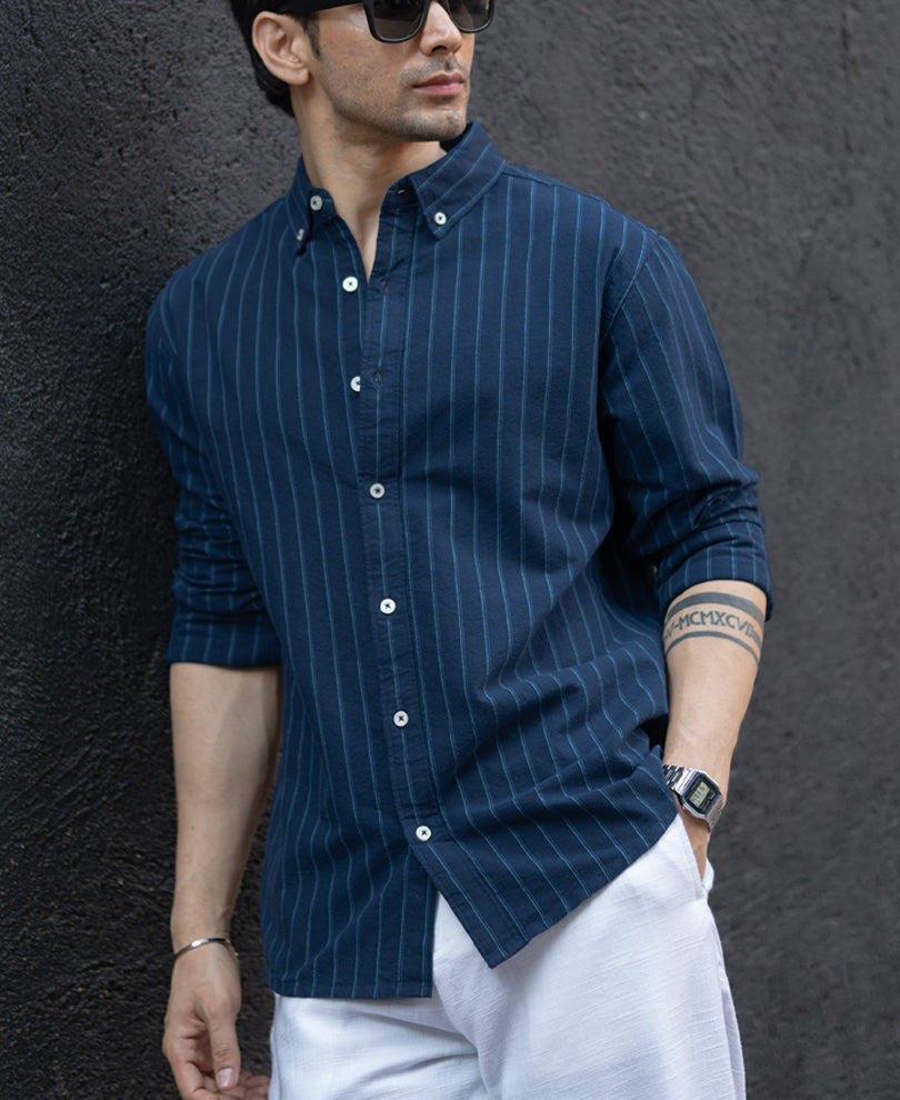 Navy Oxford Stripe Shirt 100% Cotton