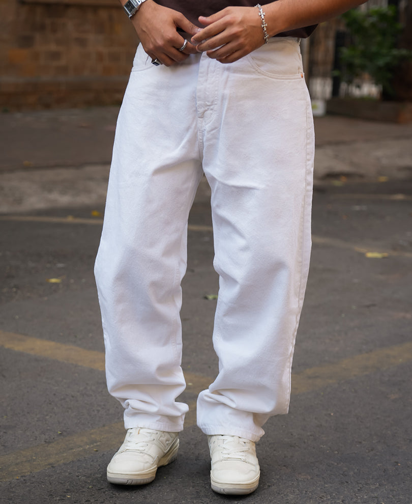 White Denim Solid Baggy Fit Jeans 100% Cotton