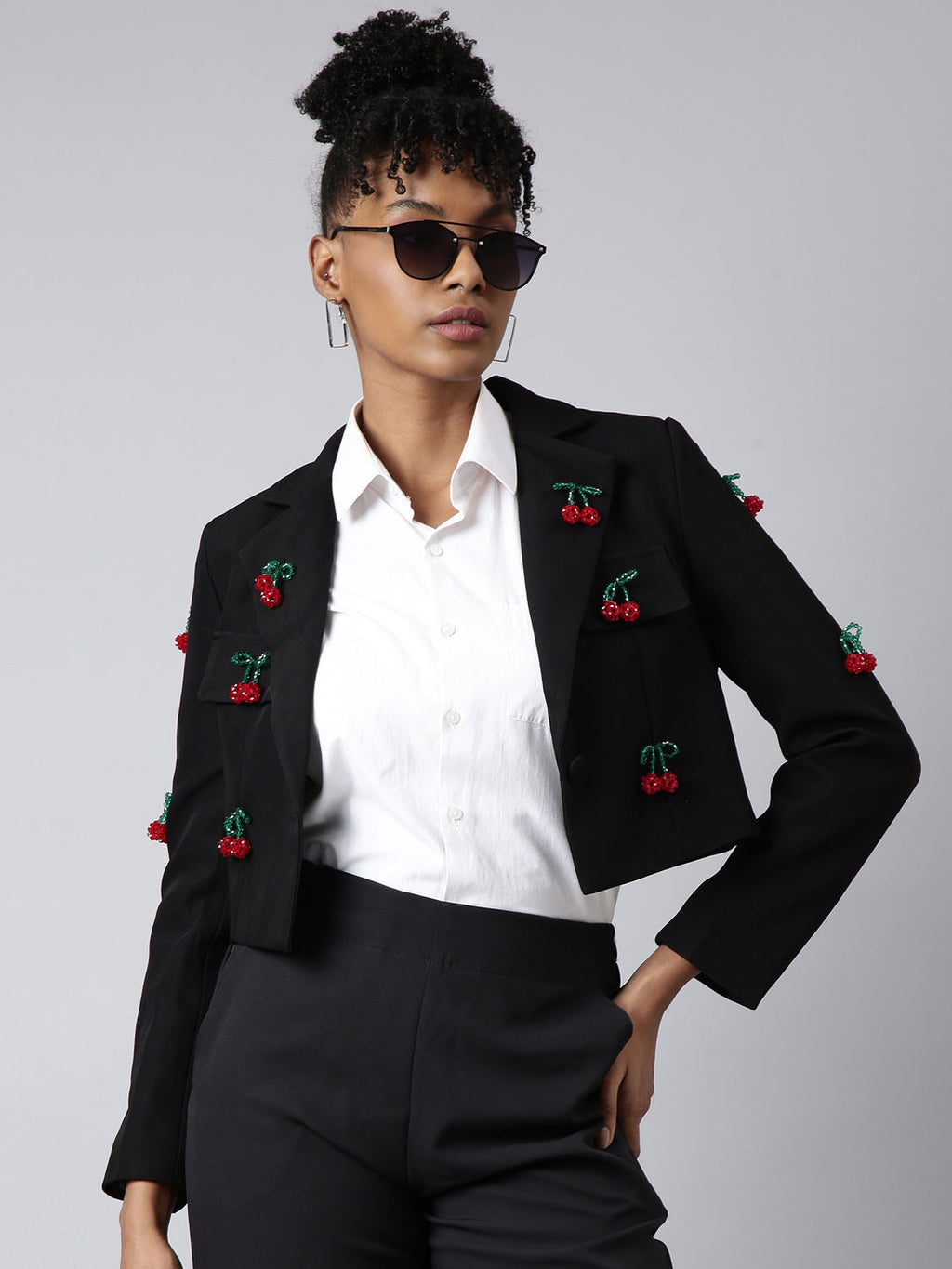 Women's Black Lapel Long Sleeves Single Breasted Cotton Blazer
