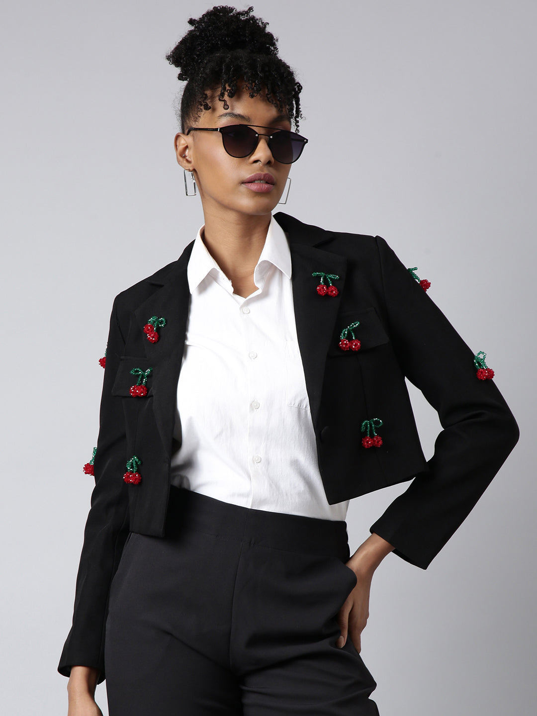 Women's Black Lapel Long Sleeves Single Breasted Cotton Blazer