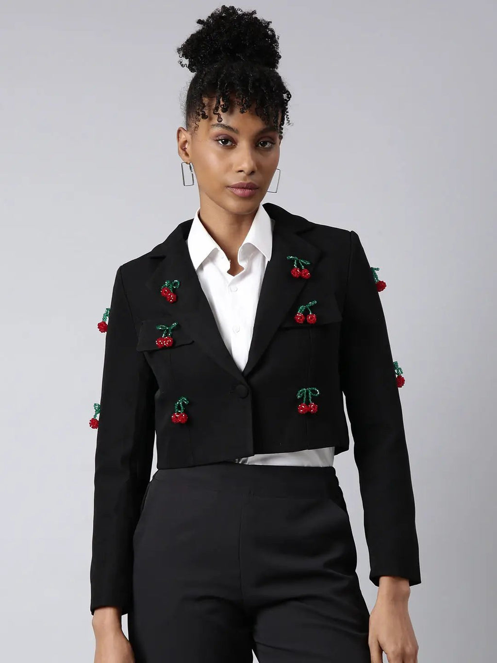 Women's Black Lapel Long Sleeves Single Breasted Cotton Blazer