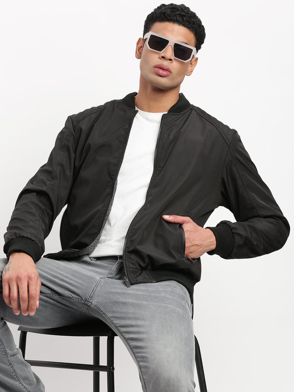 Men's Mandarin Collar Black Solid Reversible Bomber Jacket