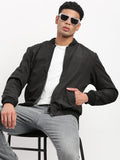 Men's Mandarin Collar Black Solid Reversible Bomber Jacket