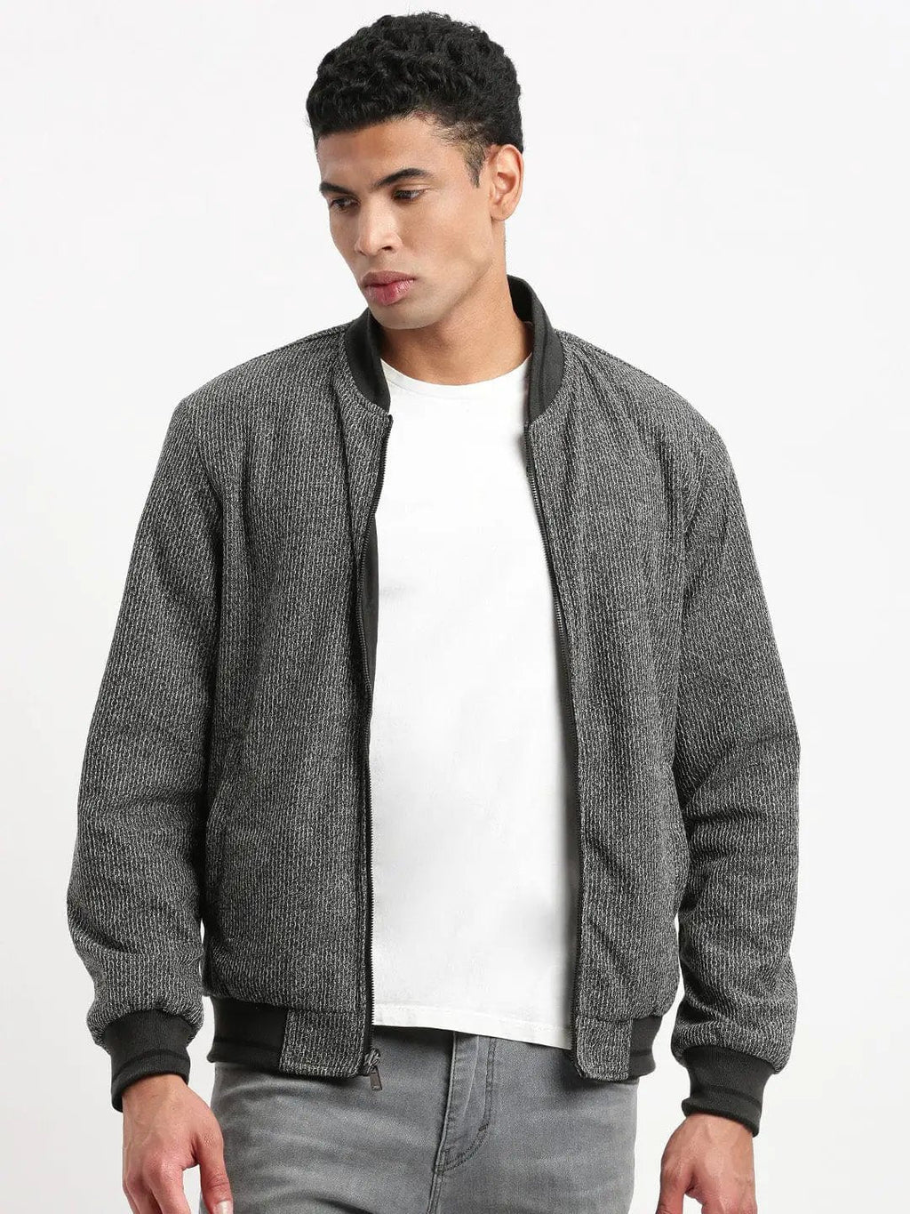Men's Mandarin Collar Black Solid Reversible Bomber Jacket